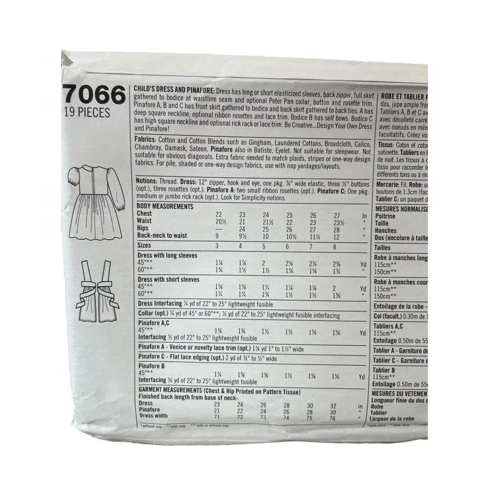 Simplicity Sewing Pattern 7066‎ Dress Pinafore Child Size 5-8